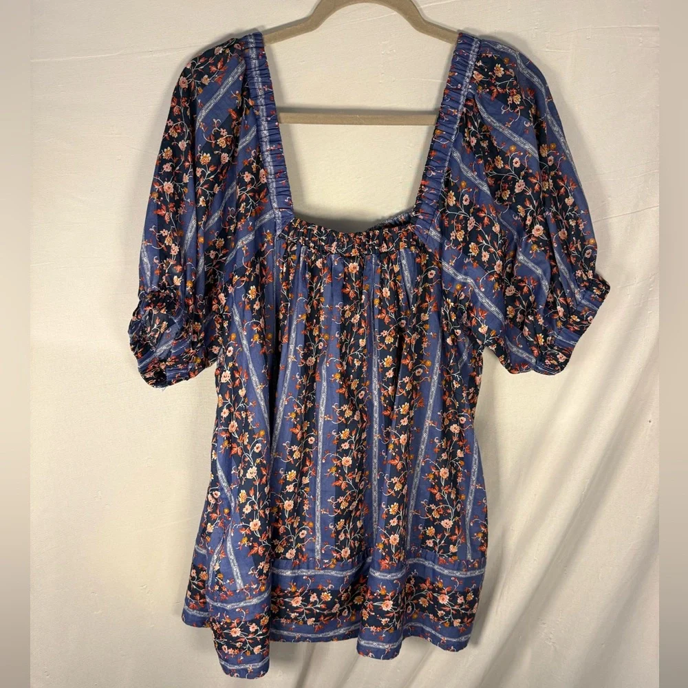 Free People Blue Floral Square-Neck Peasant Top